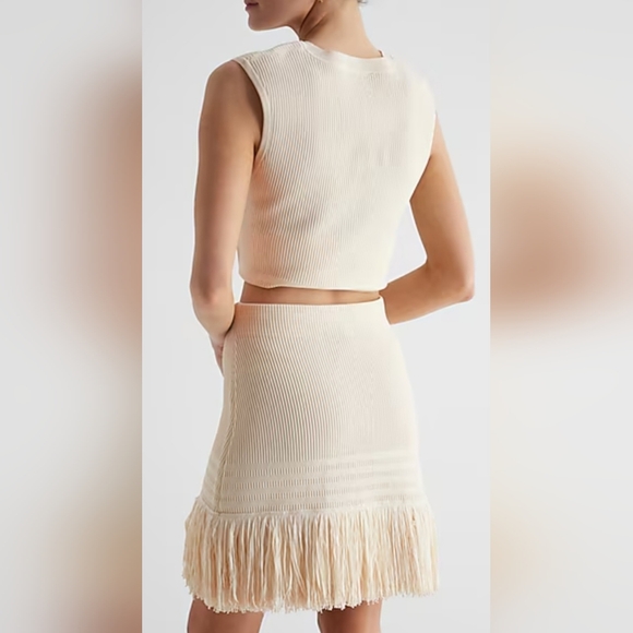 Express Elegant Luxe Ribbed Fringe Set Top+Skirt Stretch Cream Medium New - Picture 13 of 16